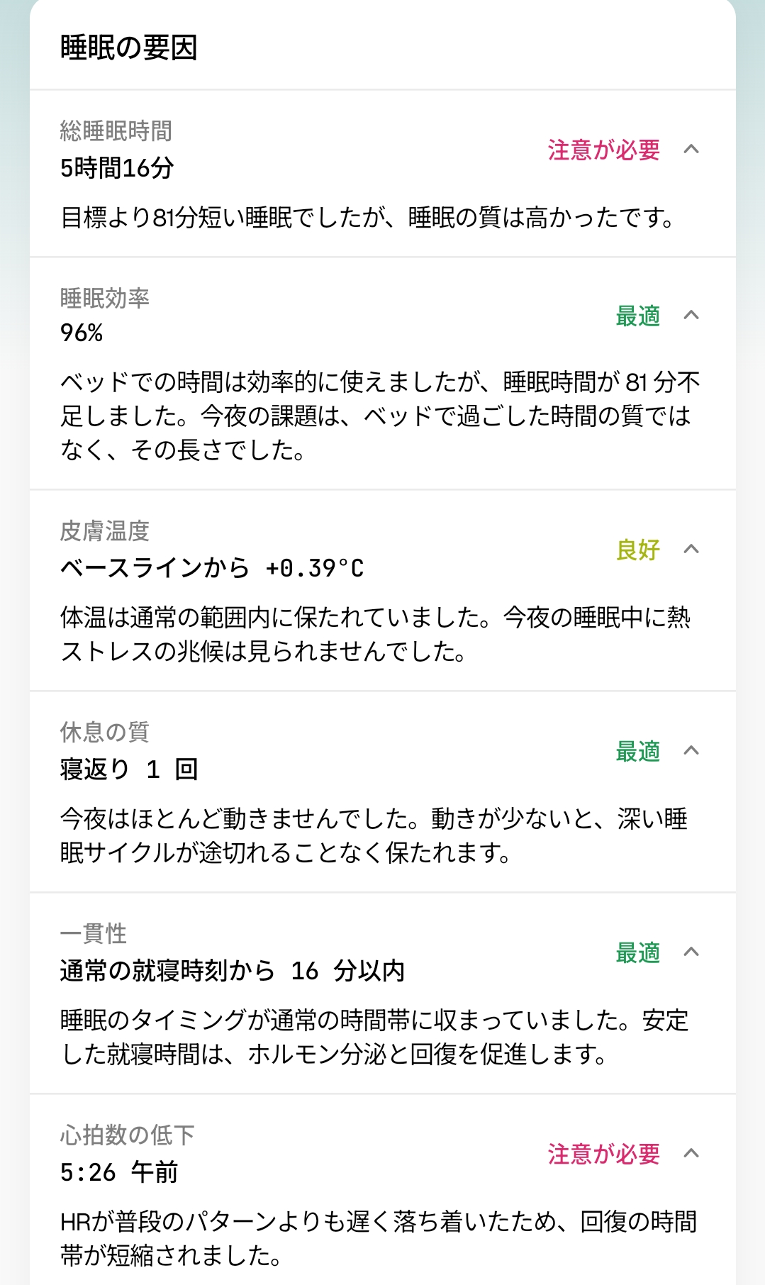 睡眠の要因の詳細画面