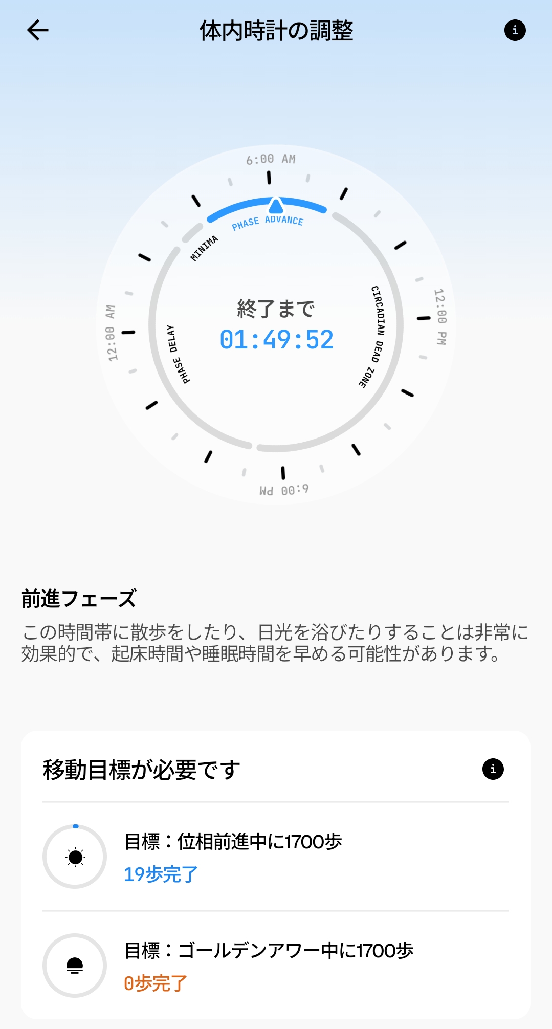 深圳滞在中の体内時計の調整画面(前進フェーズ)
