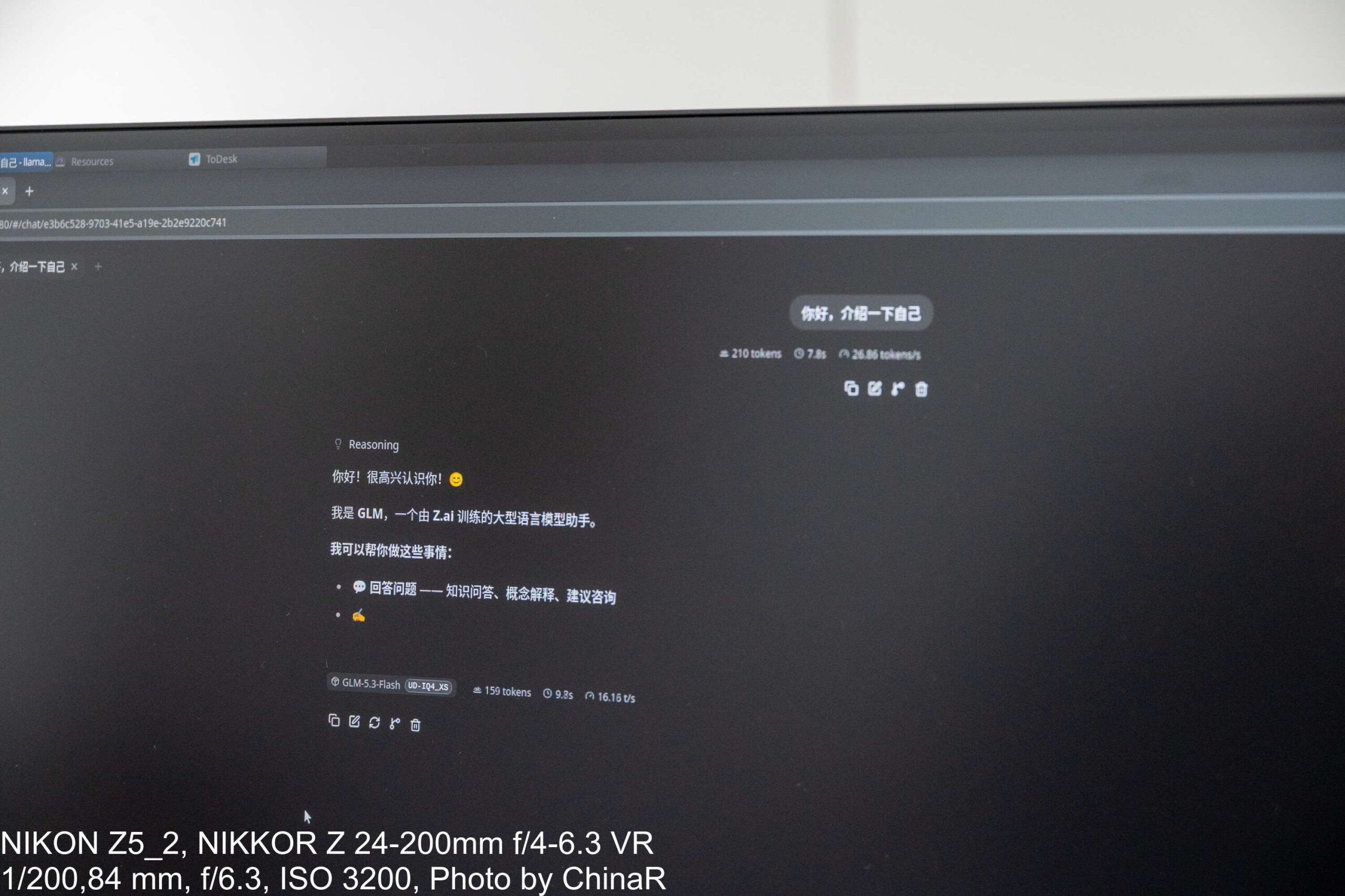 llama.cppのWeb UIでGLM-5.3-Flashと対話した画面