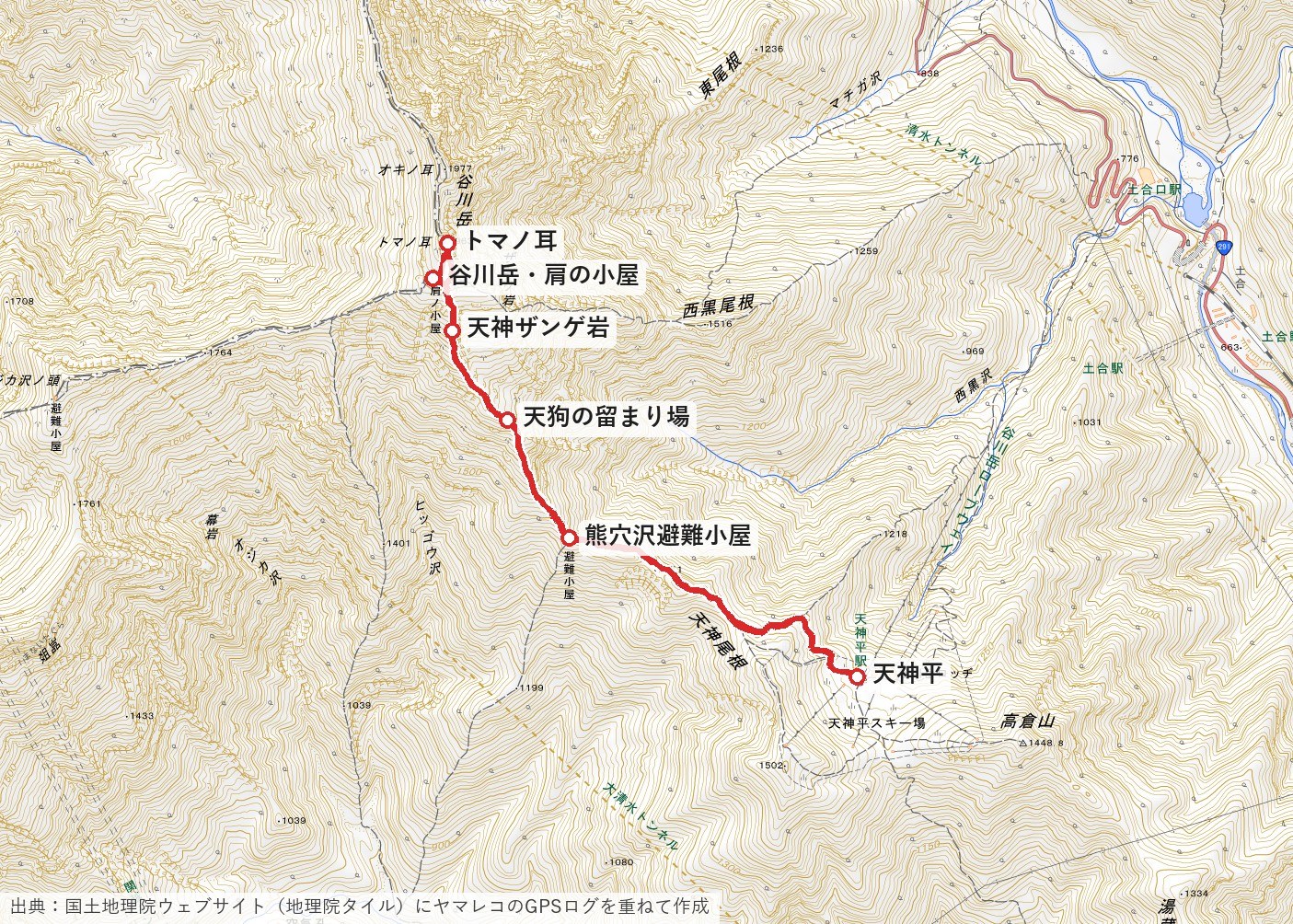 ヤマレコのGPSログを重ねた天神尾根のルート地図